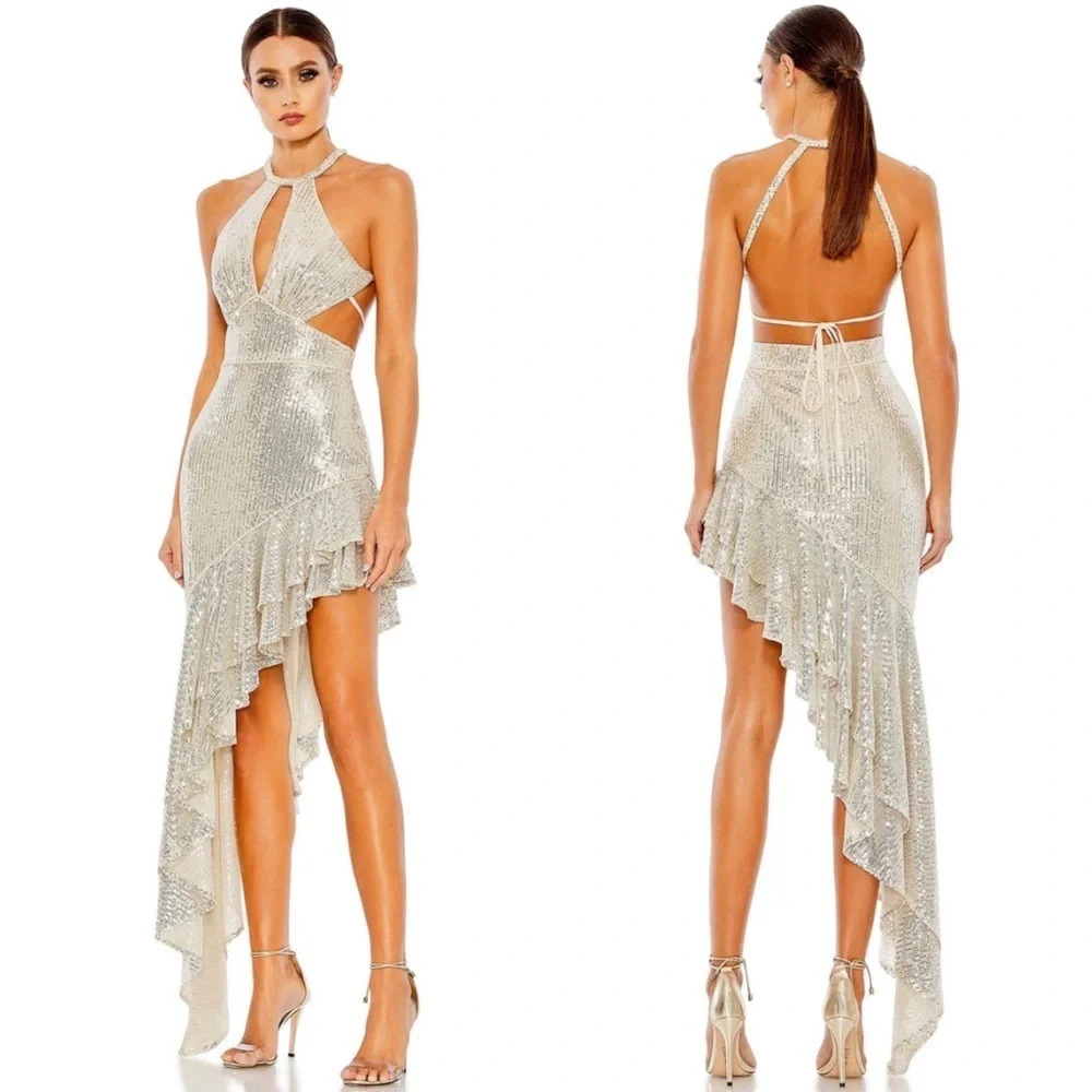 Ieena for Mac duggal sequined halter cut out ruffle Asymmetrical dress in nude